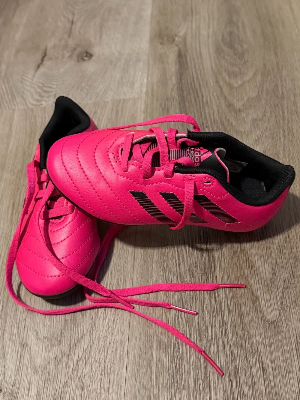 adidas Kids Hot Pink Soccer Sneakers with Black Stripes